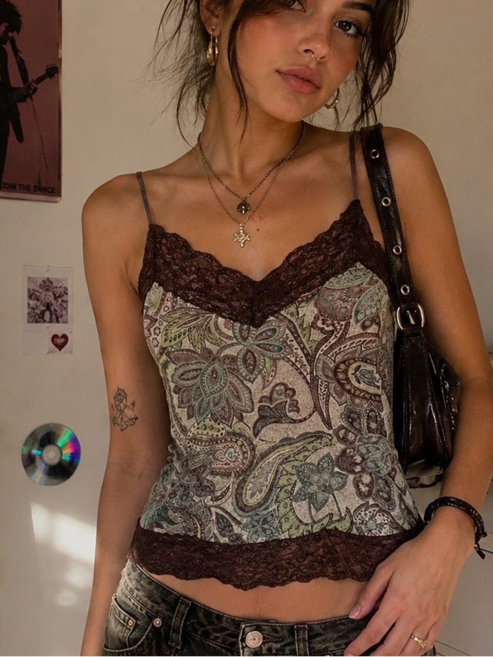 Girl Weavers true Y2K Size M Paisley Lace Trim Cami Boho Whimsi Goth Top earthy